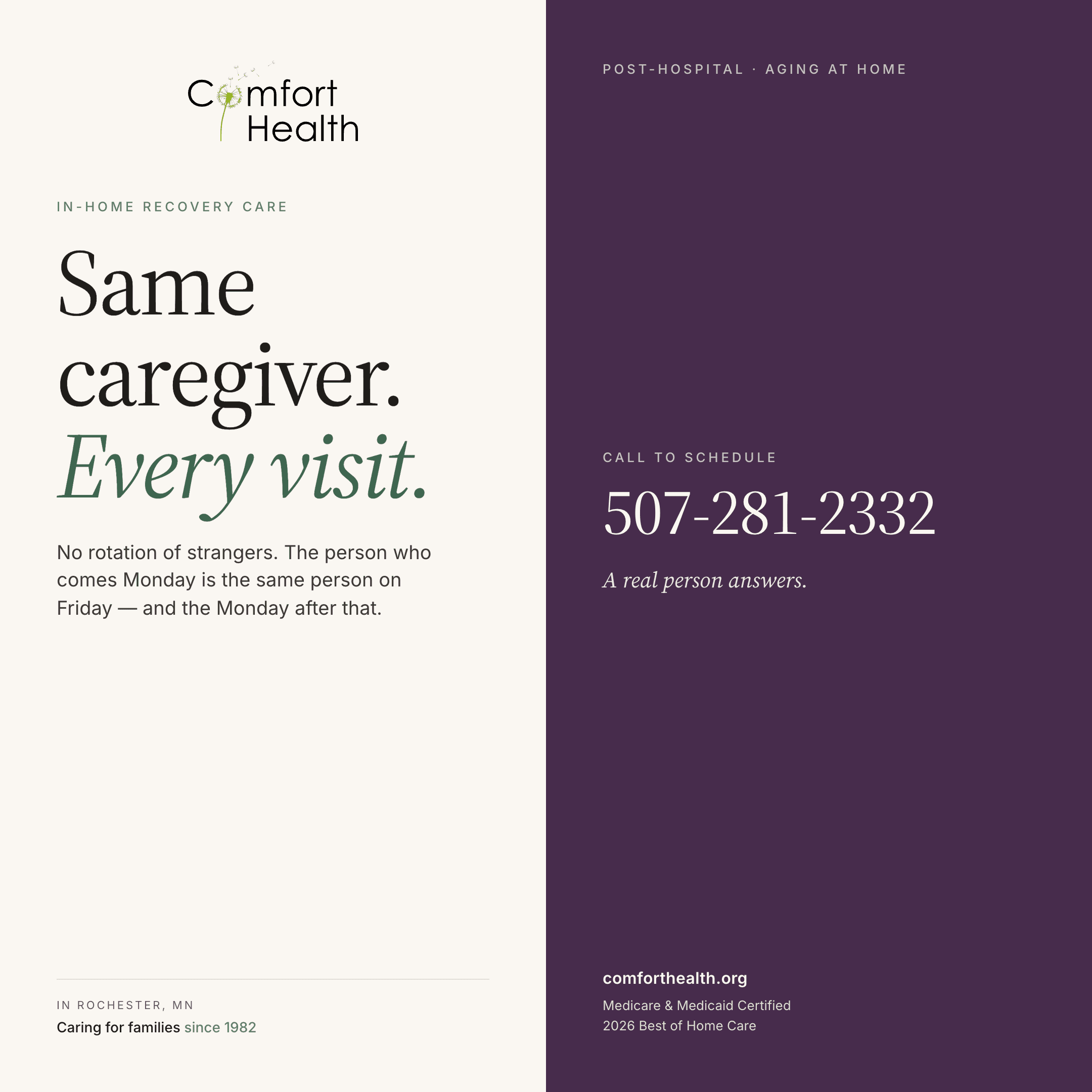 Comfort Health branded campaign creative — the kind of on-brand design Roar carries into your email