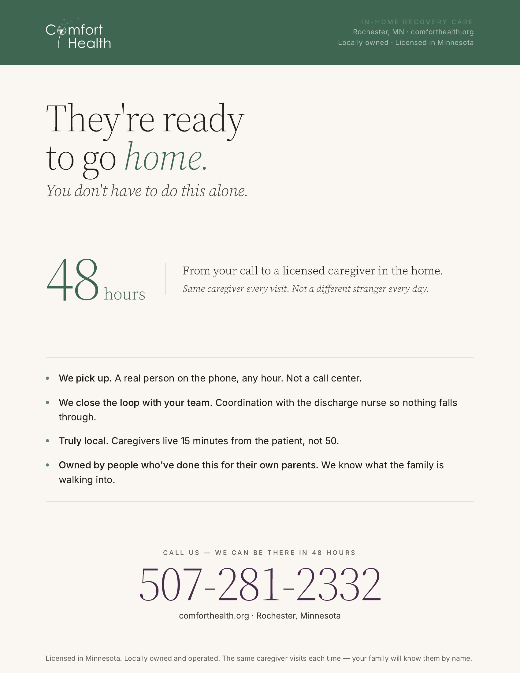 Discharge one-pager — front side