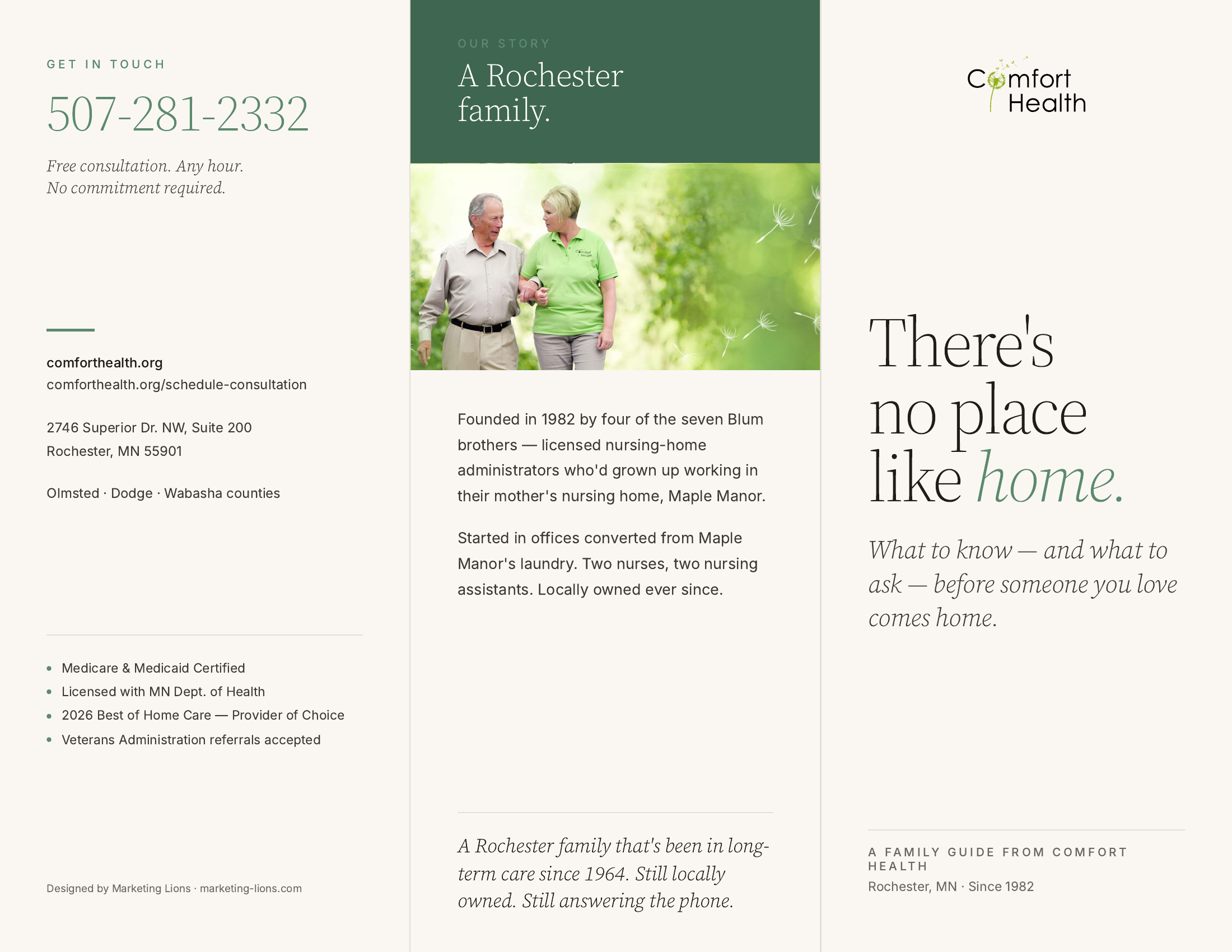 Comfort Health family brochure cover, a home-care company in the Twin Cities, showing an older adult with a caregiver