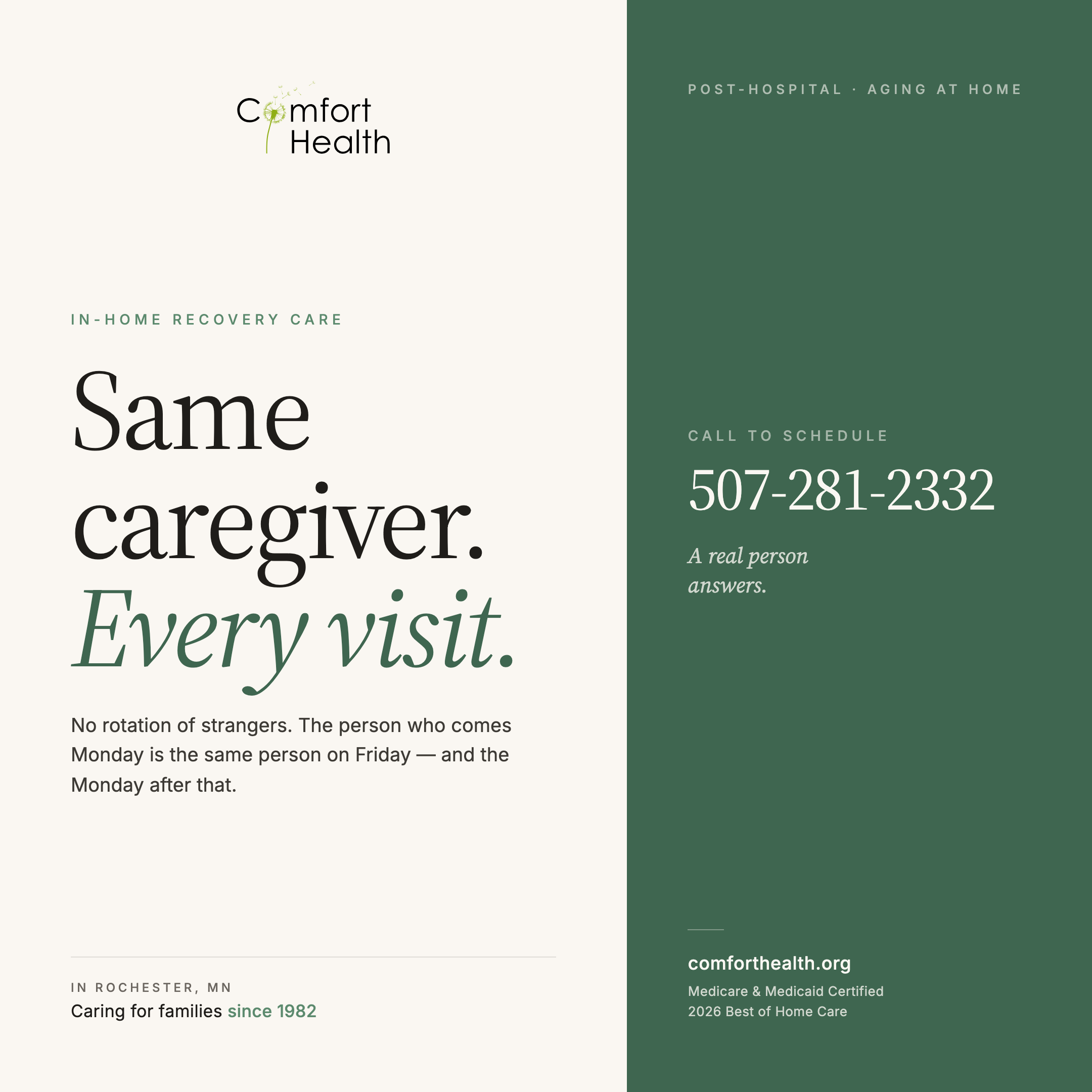 Comfort Health paid social — Same caregiver. Every visit.