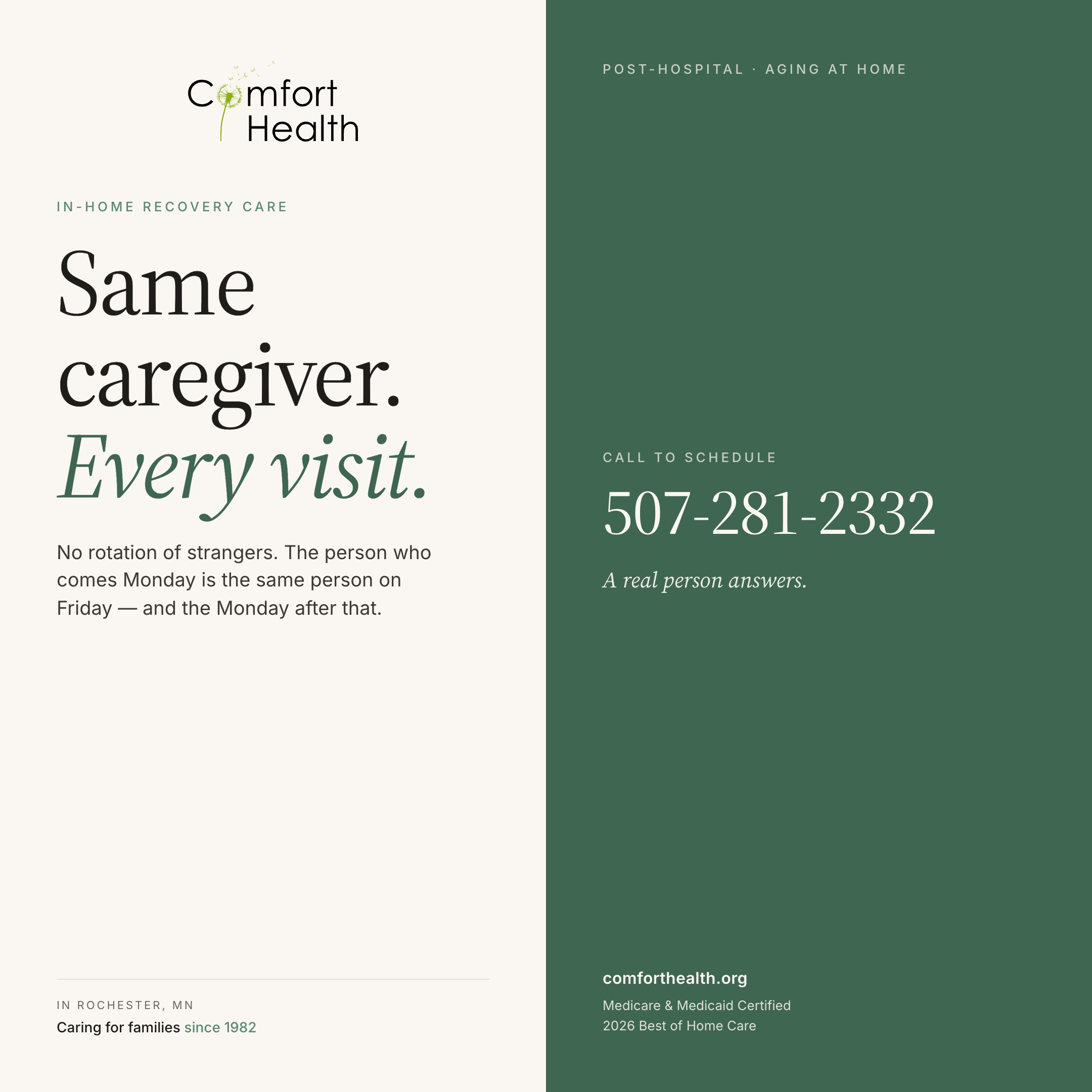 Comfort Health paid social — Same caregiver. Every visit.